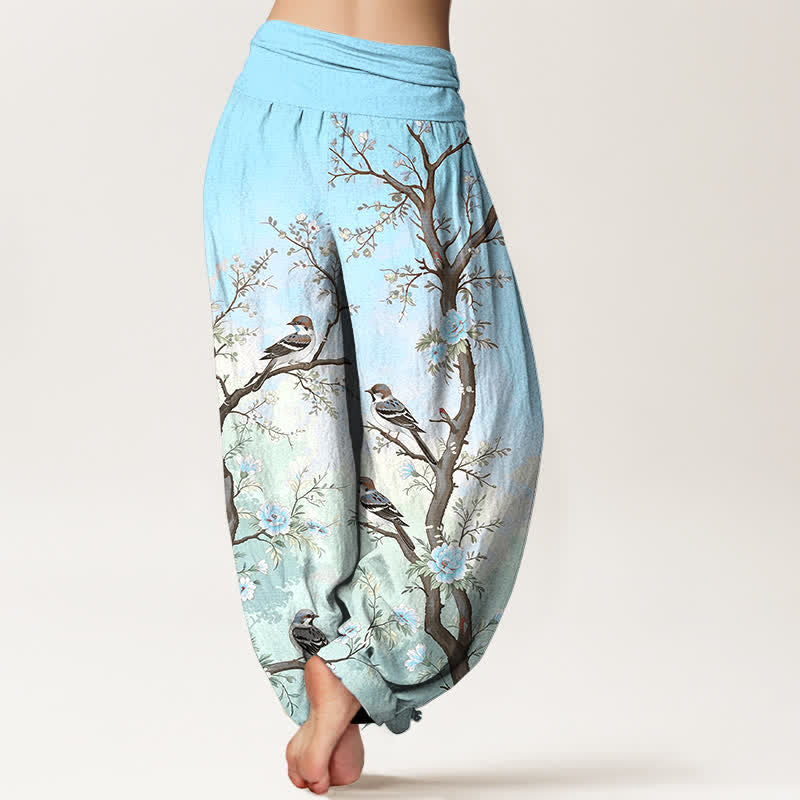 Buddha Stones Cotton Oriental Blossom Bird Branch Pattern Women's Elastic Waist Harem Pants - image 10
