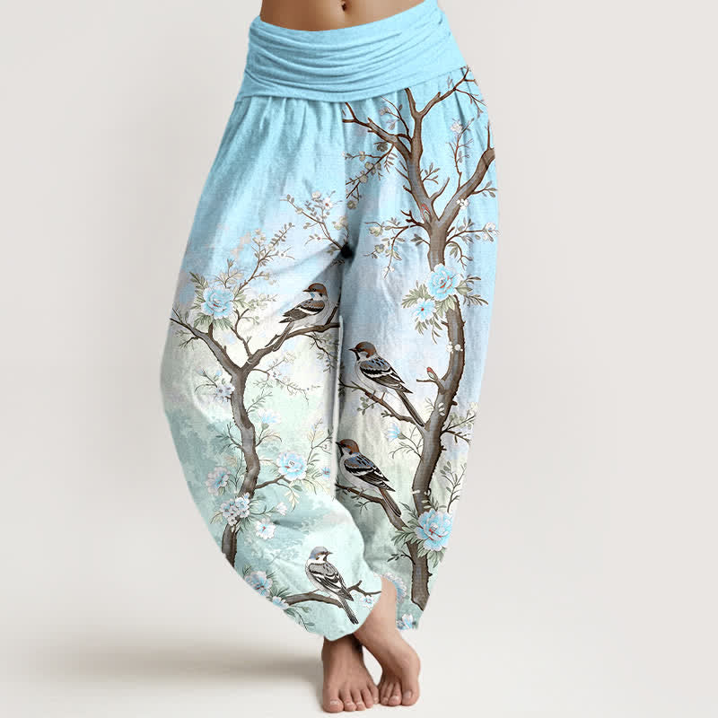 Buddha Stones Cotton Oriental Blossom Bird Branch Pattern Women's Elastic Waist Harem Pants - Cyan - US16，UK/AU20，EU48 (3XL) - image 8