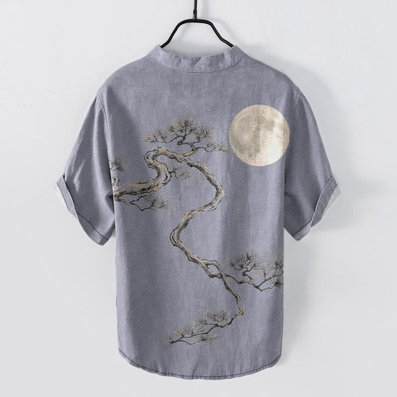 Buddha Stones Cotton Ink Moon Pine Pattern Men's Short Sleeve Half Button Shirt - image 1