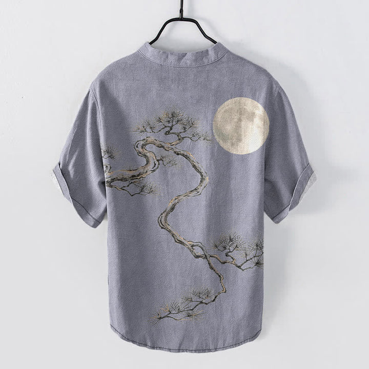 Buddha Stones Cotton Ink Moon Pine Pattern Men's Short Sleeve Half Button Shirt - image 1