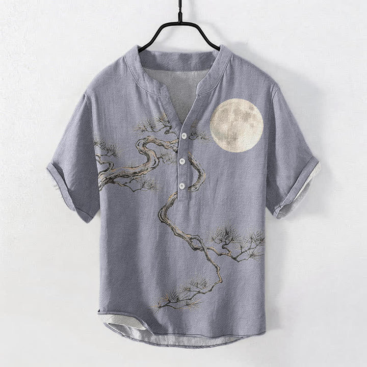 Buddha Stones Cotton Ink Moon Pine Pattern Men's Short Sleeve Half Button Shirt - LightSteelBlue - US/UK/AU50，EU60 (5XL) - image 0