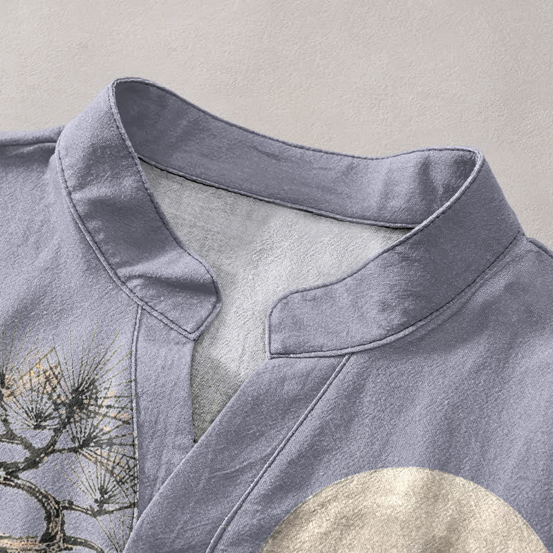 Buddha Stones Cotton Ink Moon Pine Pattern Men's Short Sleeve Half Button Shirt - image 2