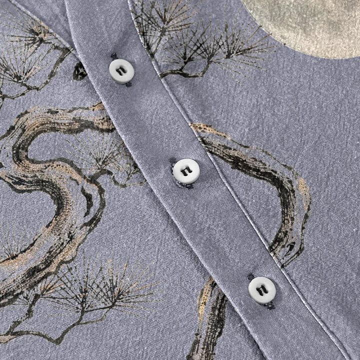 Buddha Stones Cotton Ink Moon Pine Pattern Men's Short Sleeve Half Button Shirt - image 3