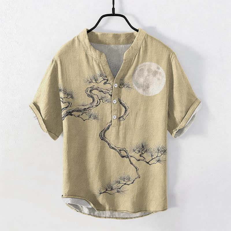 Buddha Stones Cotton Ink Moon Pine Pattern Men's Short Sleeve Half Button Shirt - Khaki - US/UK/AU50，EU60 (5XL) - image 5
