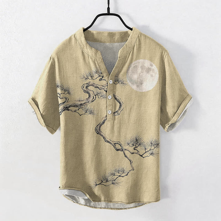 Buddha Stones Cotton Ink Moon Pine Pattern Men's Short Sleeve Half Button Shirt - Khaki - US/UK/AU50，EU60 (5XL) - image 5