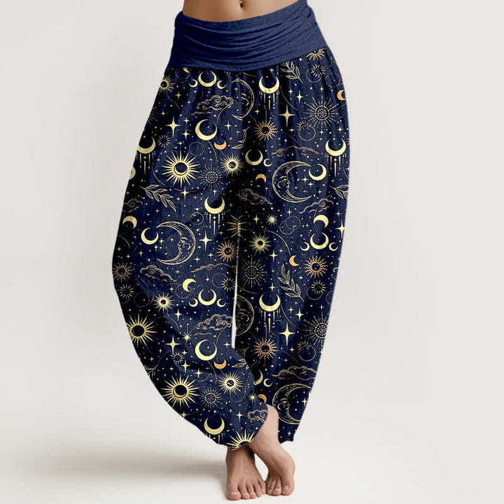 Buddha Stones Cotton Moon Sun Stars Pattern Women's Elastic Waist Harem Pants - Navy - US16，UK/AU20，EU48 (3XL) - image 0
