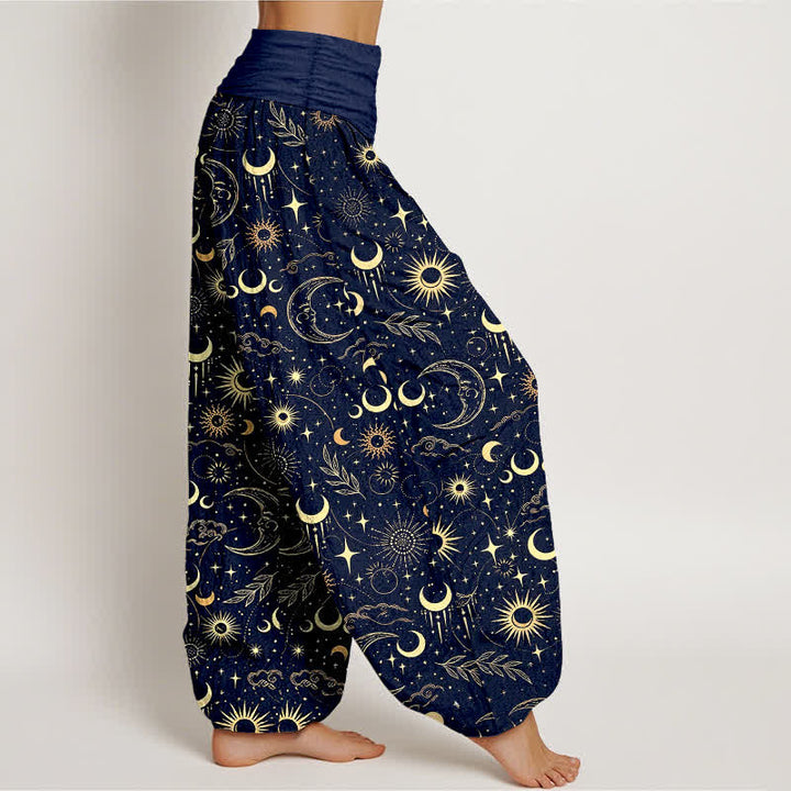 Buddha Stones Cotton Moon Sun Stars Pattern Women's Elastic Waist Harem Pants - image 1