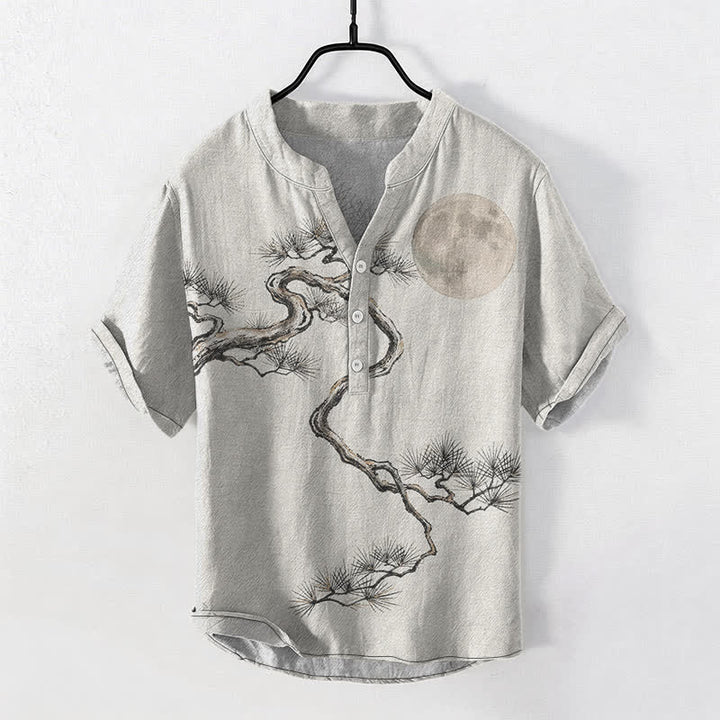 Buddha Stones Cotton Ink Moon Pine Pattern Men's Short Sleeve Half Button Shirt - Ivory - US/UK/AU50，EU60 (5XL) - image 7