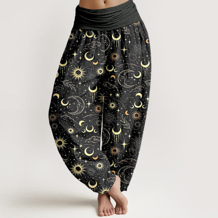 Buddha Stones Cotton Moon Sun Stars Pattern Women's Elastic Waist Harem Pants - Black - US16，UK/AU20，EU48 (3XL) - image 5