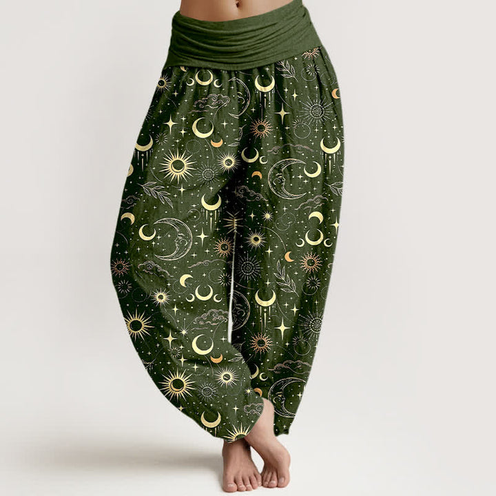 Buddha Stones Cotton Moon Sun Stars Pattern Women's Elastic Waist Harem Pants - DarkOliveGreen - US16，UK/AU20，EU48 (3XL) - image 8