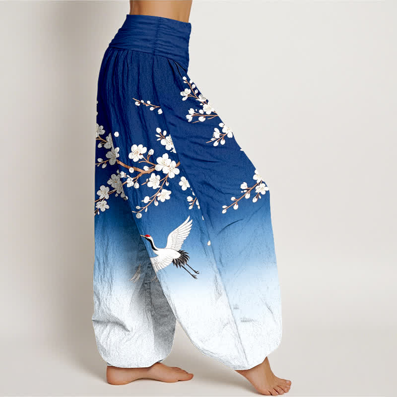Buddha Stones Cotton White Crane Plum Blossom Pattern Women's Elastic Waist Harem Pants - image 1