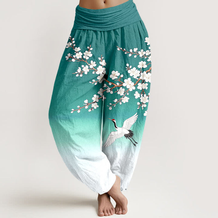 Buddha Stones Cotton White Crane Plum Blossom Pattern Women's Elastic Waist Harem Pants - LightSeaGreen - US16，UK/AU20，EU48 (3XL) - image 5