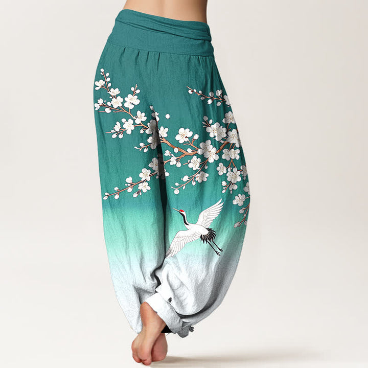 Buddha Stones Cotton White Crane Plum Blossom Pattern Women's Elastic Waist Harem Pants - image 7