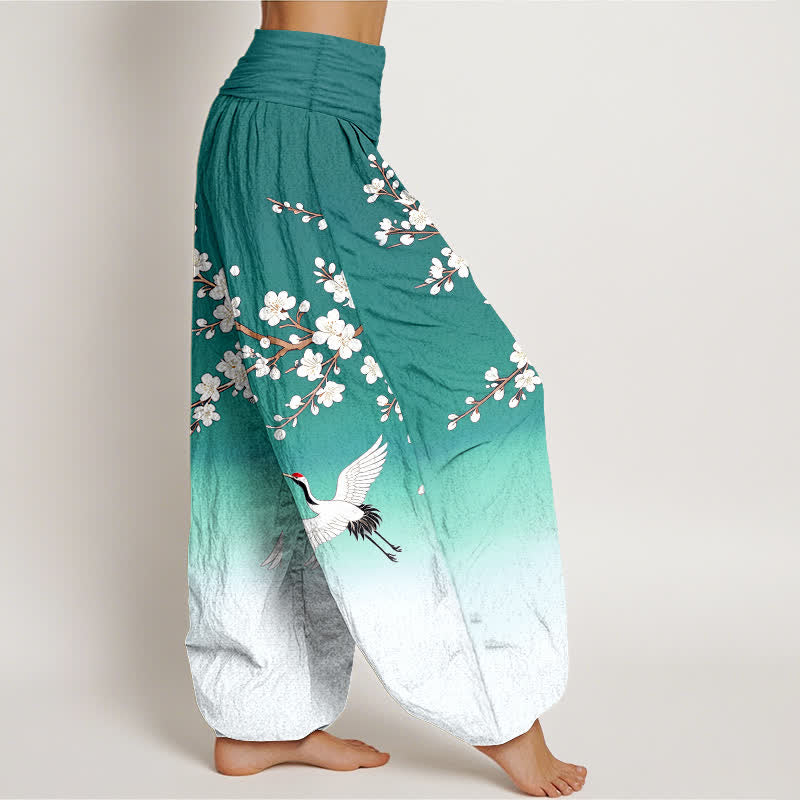Buddha Stones Cotton White Crane Plum Blossom Pattern Women's Elastic Waist Harem Pants - image 6