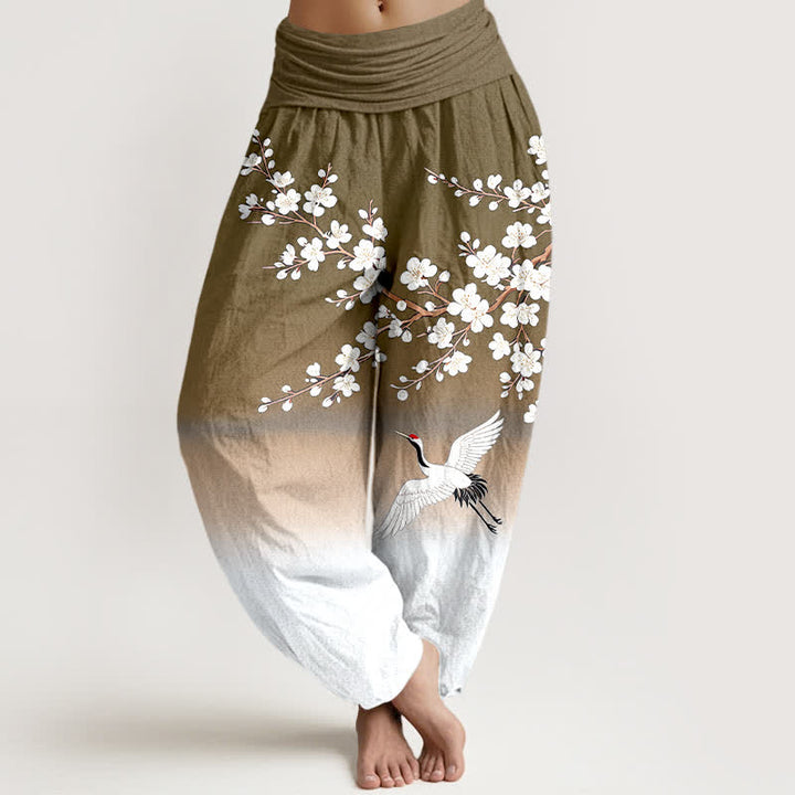 Buddha Stones Cotton White Crane Plum Blossom Pattern Women's Elastic Waist Harem Pants - Olive - US16，UK/AU20，EU48 (3XL) - image 8