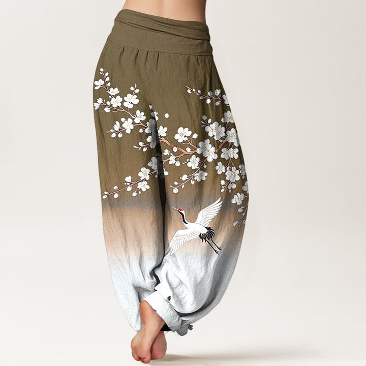 Buddha Stones Cotton White Crane Plum Blossom Pattern Women's Elastic Waist Harem Pants - image 10