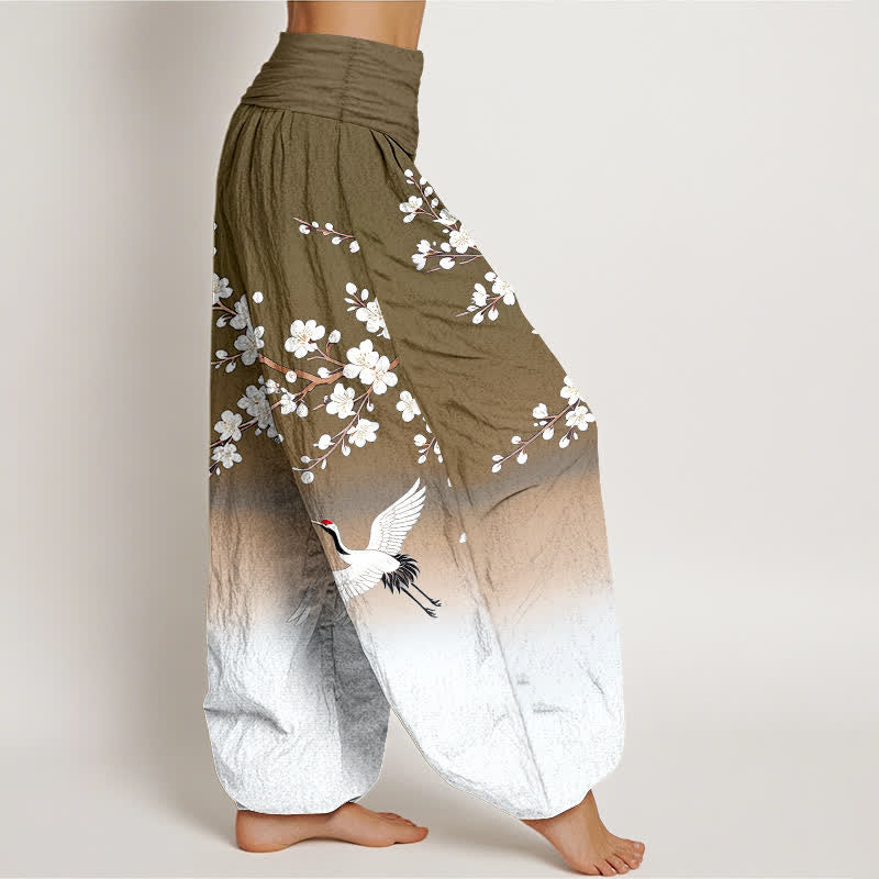 Buddha Stones Cotton White Crane Plum Blossom Pattern Women's Elastic Waist Harem Pants - image 9