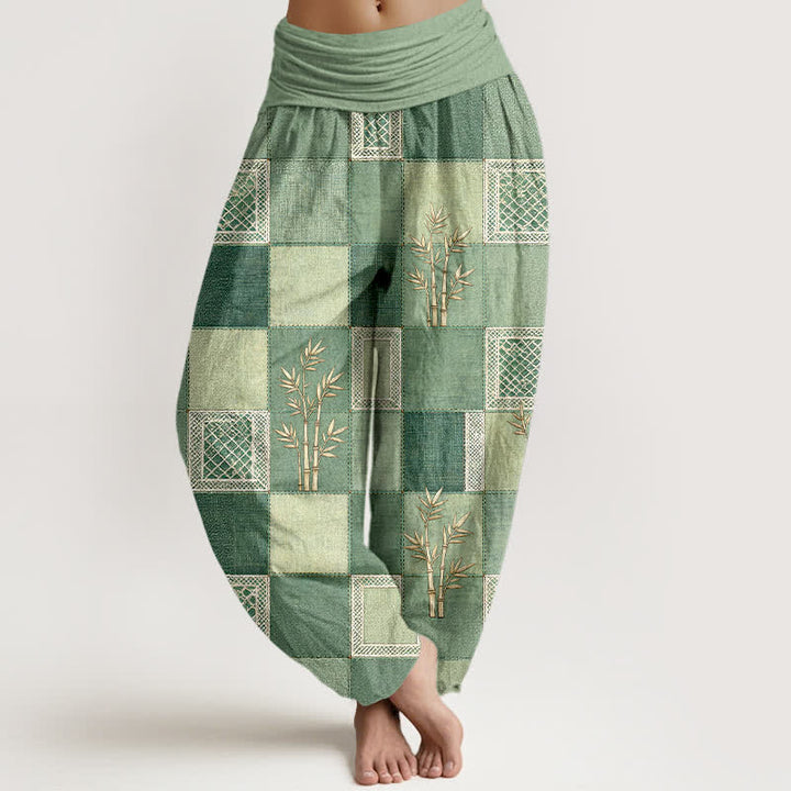 Buddha Stones Cotton Bamboo Patchwork Pattern Women's Elastic Waist Harem Pants - LightGreen - US16，UK/AU20，EU48 (3XL) - image 0