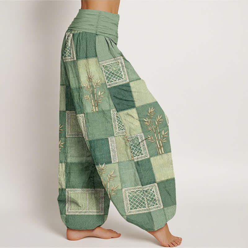 Buddha Stones Cotton Bamboo Patchwork Pattern Women's Elastic Waist Harem Pants - image 1