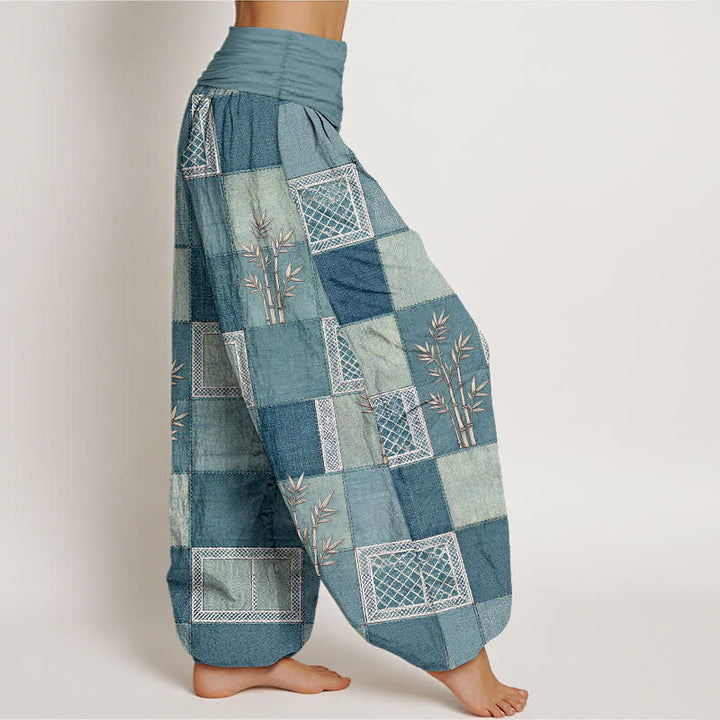 Buddha Stones Cotton Bamboo Patchwork Pattern Women's Elastic Waist Harem Pants - image 9
