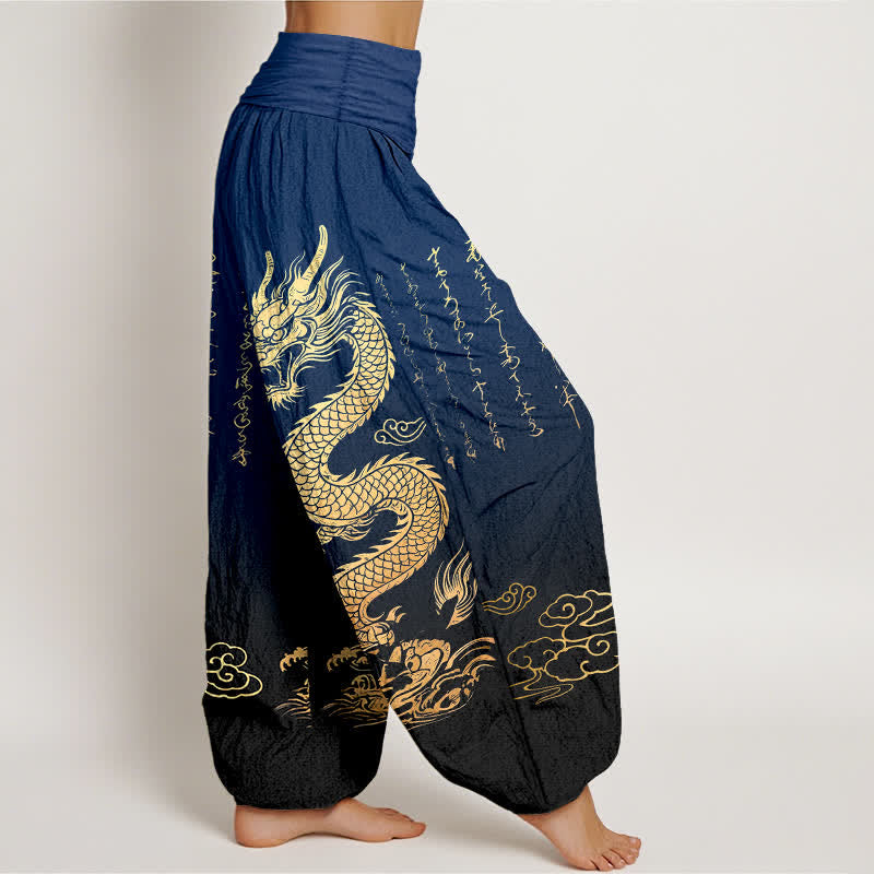Buddha Stones Cotton Golden Dragon Cloud Pattern Women's Elastic Waist Harem Pants - image 1