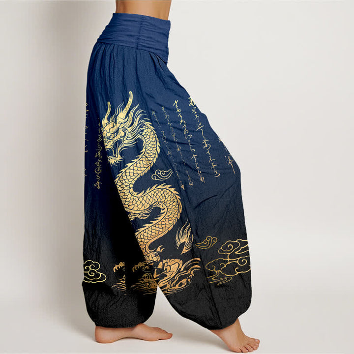 Buddha Stones Cotton Golden Dragon Cloud Pattern Women's Elastic Waist Harem Pants - image 1