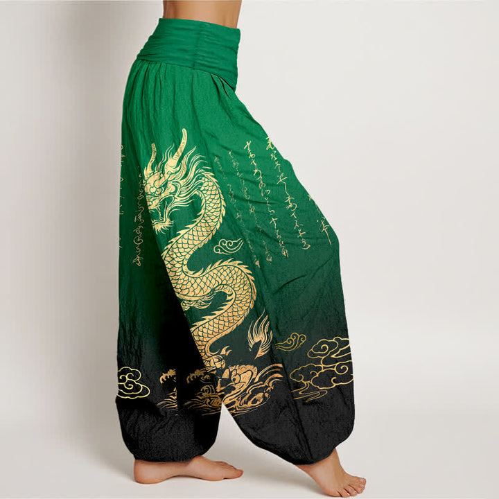 Buddha Stones Cotton Golden Dragon Cloud Pattern Women's Elastic Waist Harem Pants - image 6