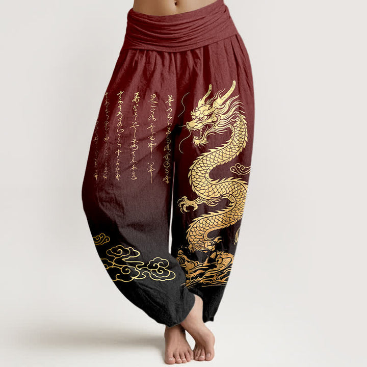 Buddha Stones Cotton Golden Dragon Cloud Pattern Women's Elastic Waist Harem Pants - Maroon - US16，UK/AU20，EU48 (3XL) - image 8