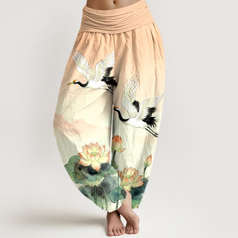 Buddha Stones Cotton Flying Crane Lotus Pattern Women's Elastic Waist Harem Pants - PeachPuff - US16，UK/AU20，EU48 (3XL) - image 0