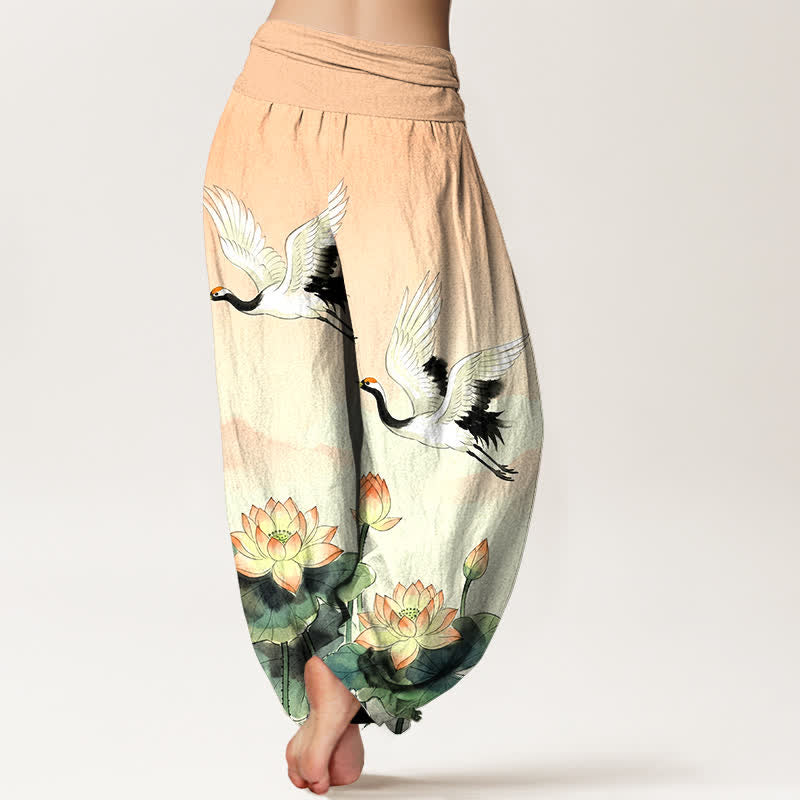 Buddha Stones Cotton Flying Crane Lotus Pattern Women's Elastic Waist Harem Pants - image 2
