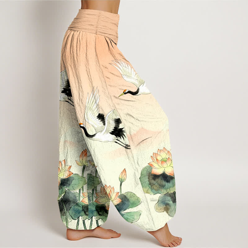 Buddha Stones Cotton Flying Crane Lotus Pattern Women's Elastic Waist Harem Pants - image 1