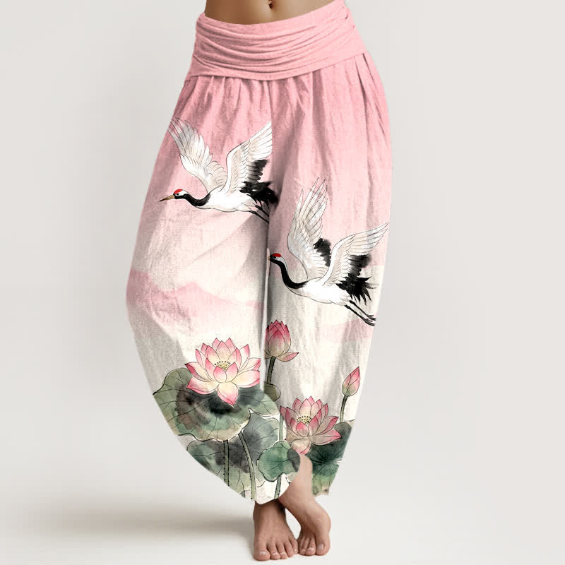 Buddha Stones Cotton Flying Crane Lotus Pattern Women's Elastic Waist Harem Pants - LightPink - US16，UK/AU20，EU48 (3XL) - image 5