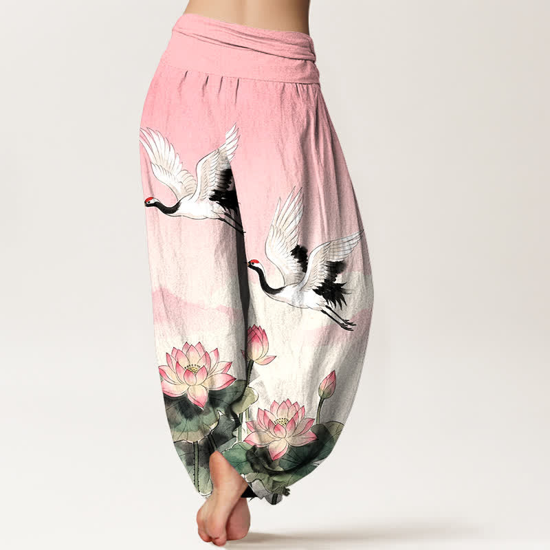 Buddha Stones Cotton Flying Crane Lotus Pattern Women's Elastic Waist Harem Pants - image 7