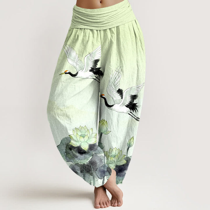 Buddha Stones Cotton Flying Crane Lotus Pattern Women's Elastic Waist Harem Pants - Honeydew - US16，UK/AU20，EU48 (3XL) - image 8