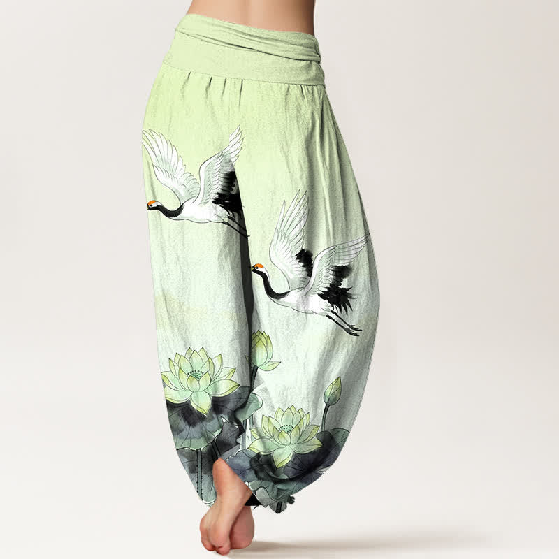 Buddha Stones Cotton Flying Crane Lotus Pattern Women's Elastic Waist Harem Pants - image 10