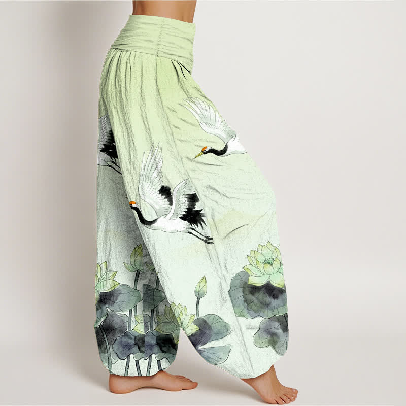 Buddha Stones Cotton Flying Crane Lotus Pattern Women's Elastic Waist Harem Pants - image 9
