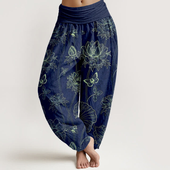 Buddha Stones Cotton Lotus Butterfly Sketch Pattern Women's Elastic Waist Harem Pants - Navy - US16，UK/AU20，EU48 (3XL) - image 0