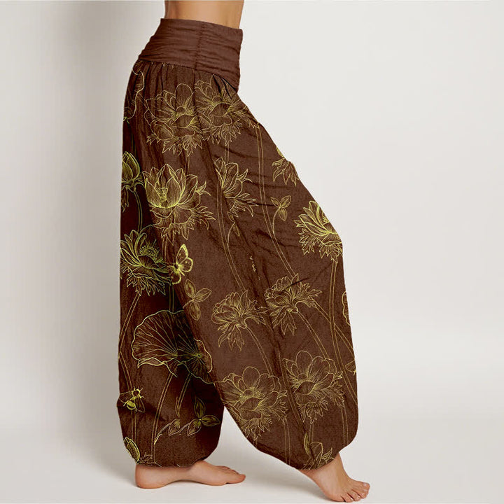 Buddha Stones Cotton Lotus Butterfly Sketch Pattern Women's Elastic Waist Harem Pants - image 6