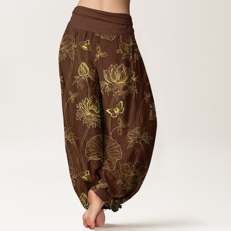Buddha Stones Cotton Lotus Butterfly Sketch Pattern Women's Elastic Waist Harem Pants - image 7