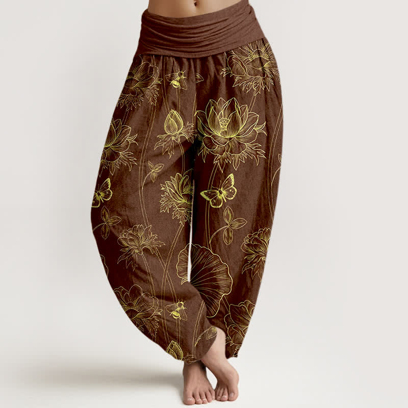 Buddha Stones Cotton Lotus Butterfly Sketch Pattern Women's Elastic Waist Harem Pants - SaddleBrown - US16，UK/AU20，EU48 (3XL) - image 5