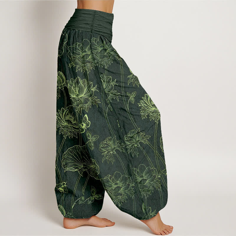 Buddha Stones Cotton Lotus Butterfly Sketch Pattern Women's Elastic Waist Harem Pants - image 10