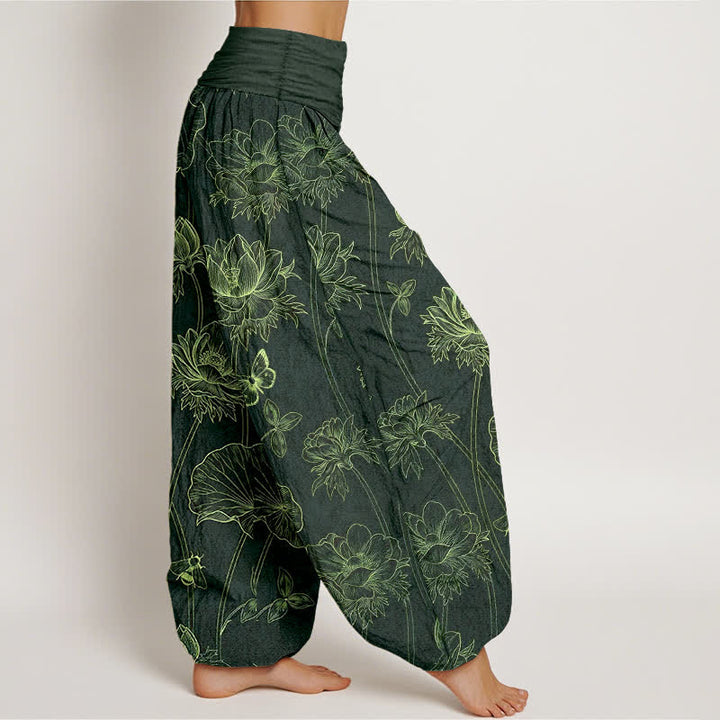 Buddha Stones Cotton Lotus Butterfly Sketch Pattern Women's Elastic Waist Harem Pants - image 10