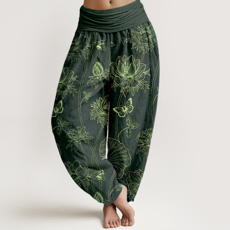 Buddha Stones Cotton Lotus Butterfly Sketch Pattern Women's Elastic Waist Harem Pants - DarkGreen - US16，UK/AU20，EU48 (3XL) - image 8