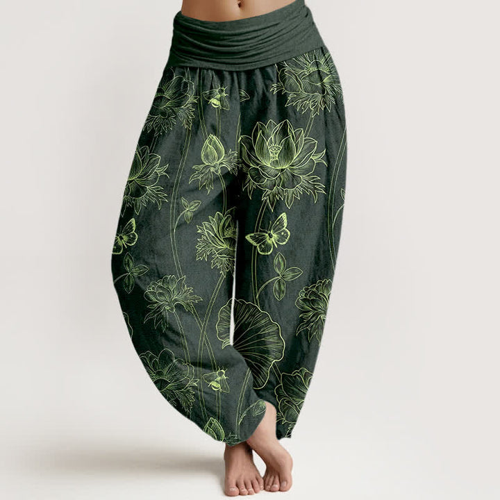 Buddha Stones Cotton Lotus Butterfly Sketch Pattern Women's Elastic Waist Harem Pants - DarkGreen - US16，UK/AU20，EU48 (3XL) - image 8