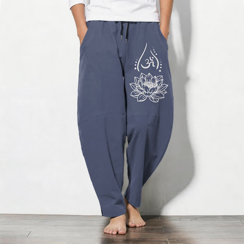 Buddha Stones Pure Cotton Sacred Lotus Om Pattern Drawstring Men's Tapered Pants With Pockets - SteelBlue - US/UK/AU50，EU60 (5XL) - image 0