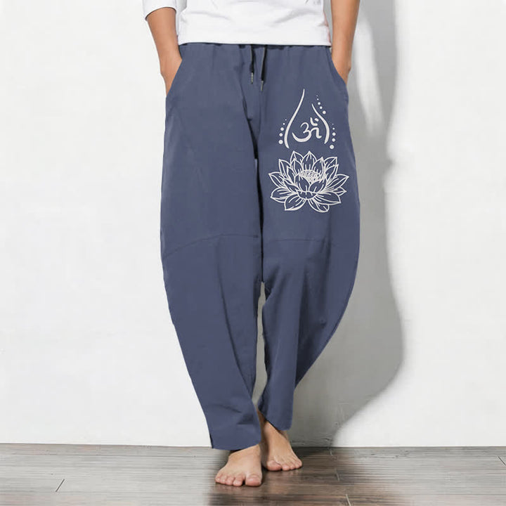 Buddha Stones Pure Cotton Sacred Lotus Om Pattern Drawstring Men's Tapered Pants With Pockets - SteelBlue - US/UK/AU50，EU60 (5XL) - image 0