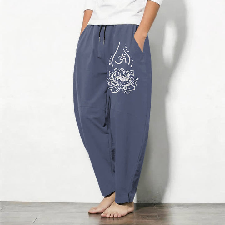 Buddha Stones Pure Cotton Sacred Lotus Om Pattern Drawstring Men's Tapered Pants With Pockets - image 1