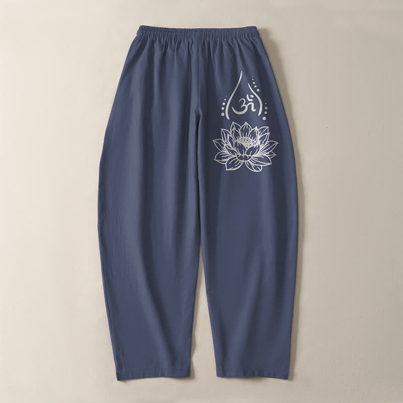 Buddha Stones Pure Cotton Sacred Lotus Om Pattern Drawstring Men's Tapered Pants With Pockets - image 3