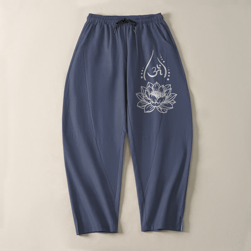Buddha Stones Pure Cotton Sacred Lotus Om Pattern Drawstring Men's Tapered Pants With Pockets - image 2