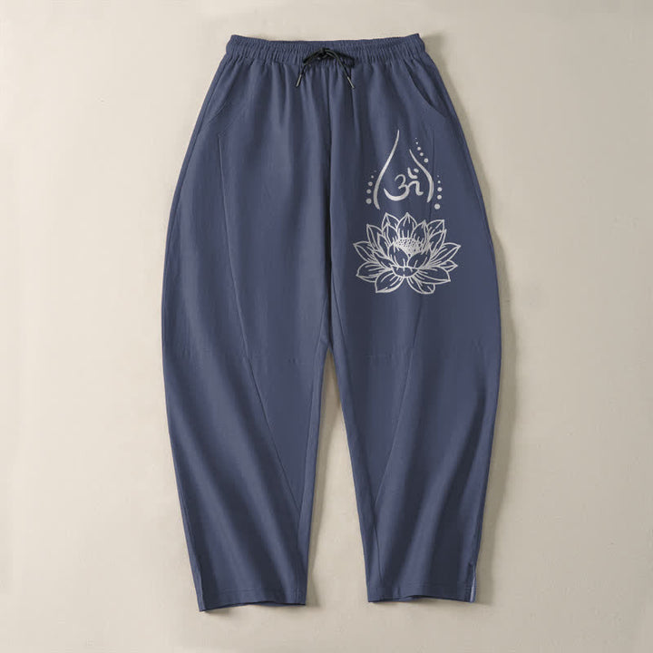Buddha Stones Pure Cotton Sacred Lotus Om Pattern Drawstring Men's Tapered Pants With Pockets - image 2